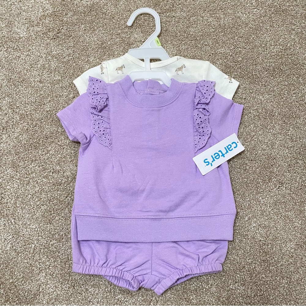 NWT Carter’s 3 Month Baby Girl Bodysuit Set Purple Zebra Ruffle Top Short Sleeve